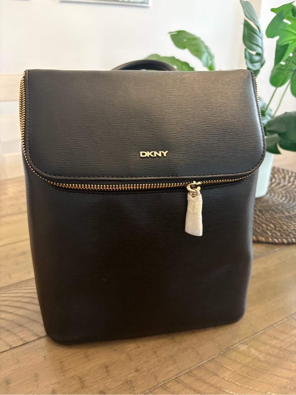 DKNY Black Leather Backpack with Gold Hardware